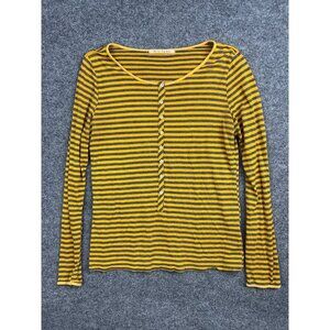 Tee By Big Star Top Women's L Yellow Gray Stripe Button Henley Long Sleeve USA